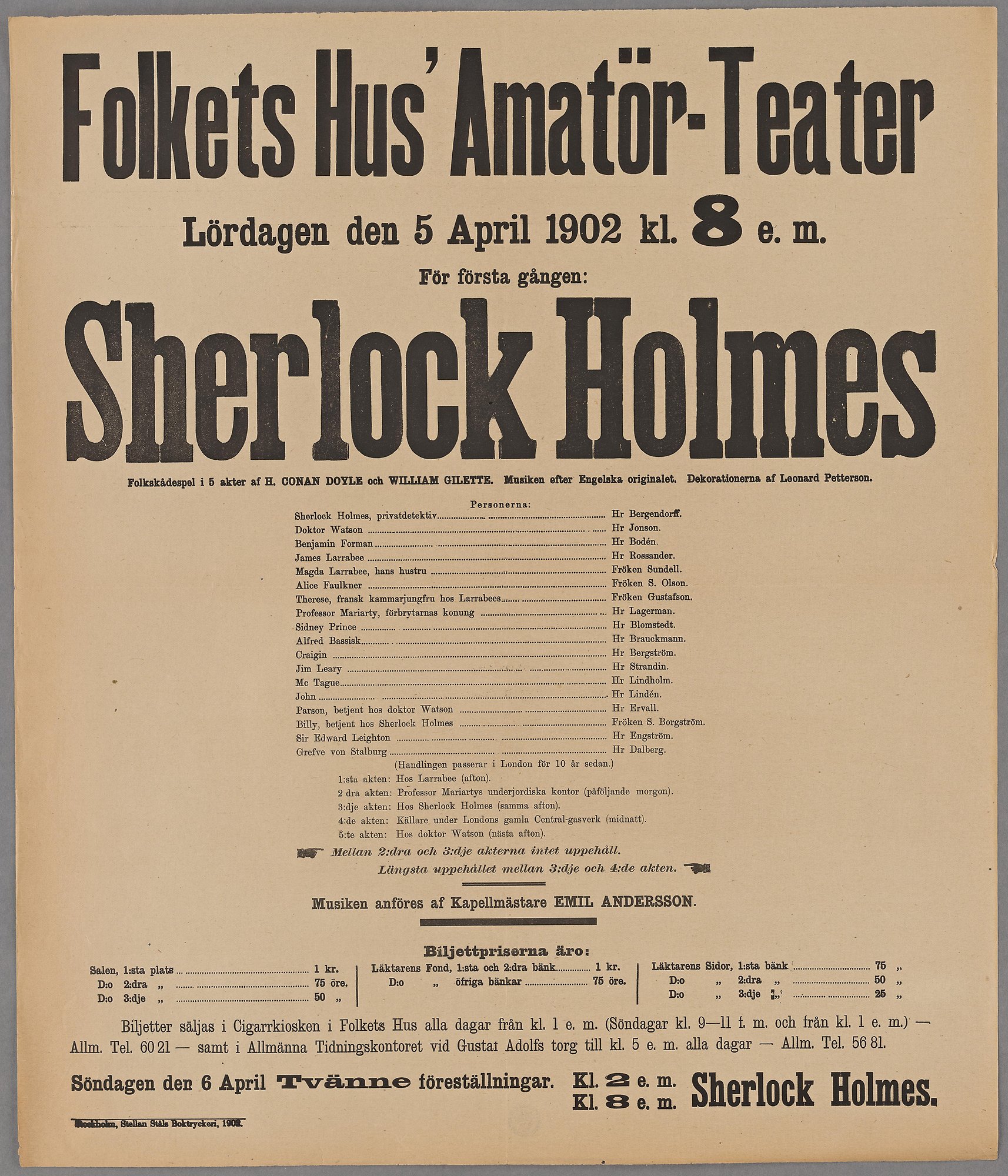 Teaterprogram för Folkets Hus Amatörteater 5 april 1902