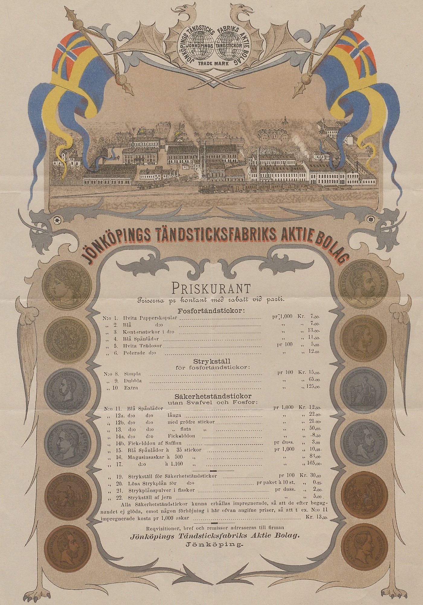 Rikt dekorerad prislista för Jönköpings tändsticksfabrik. Medaljer ramar in produktlistan och längst upp syns en bild av fabriken.