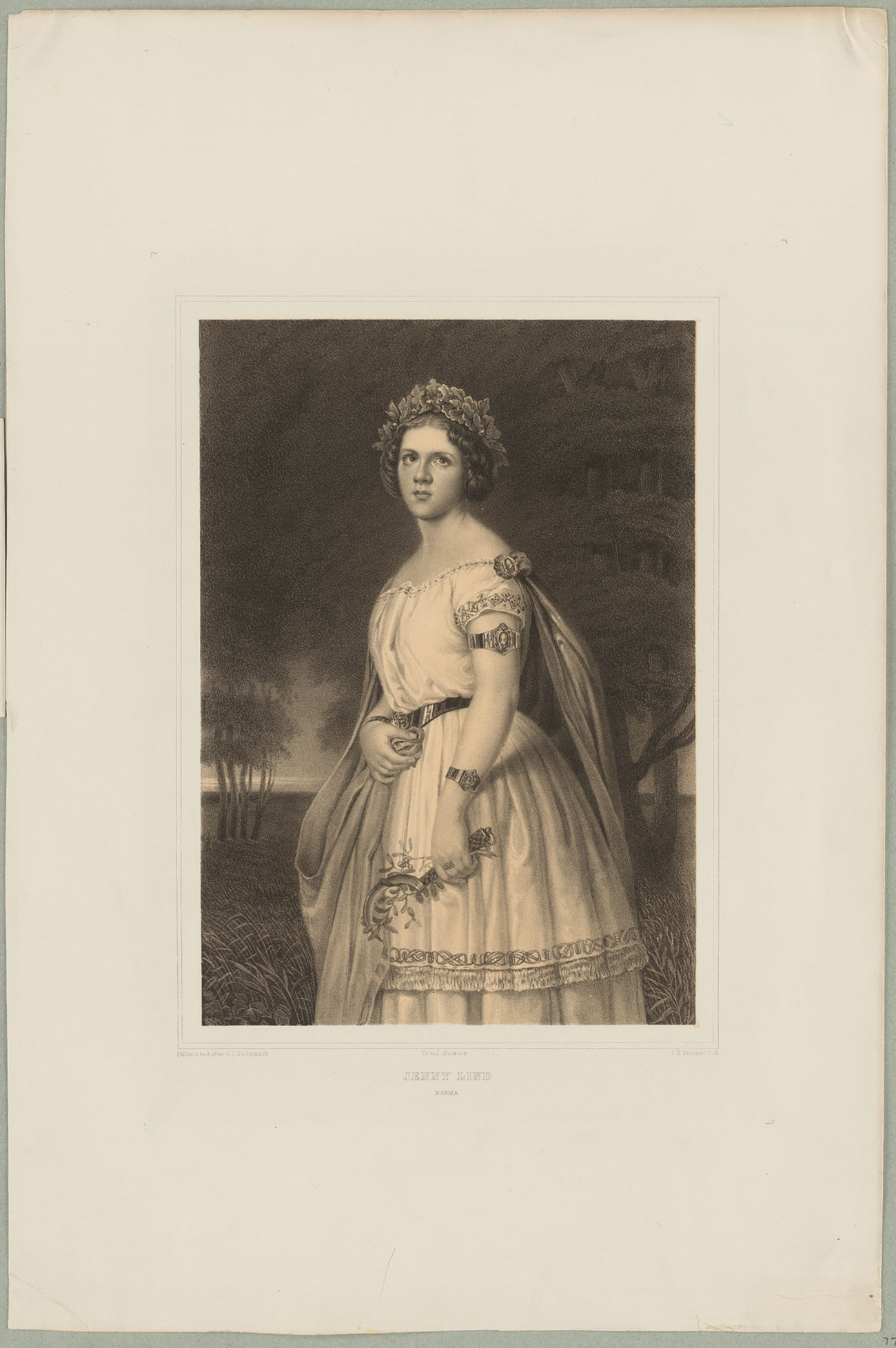 Jenny Lind som prästinnan Norma iklädd klänning, mantel och med en lagerkrans på huvudet.