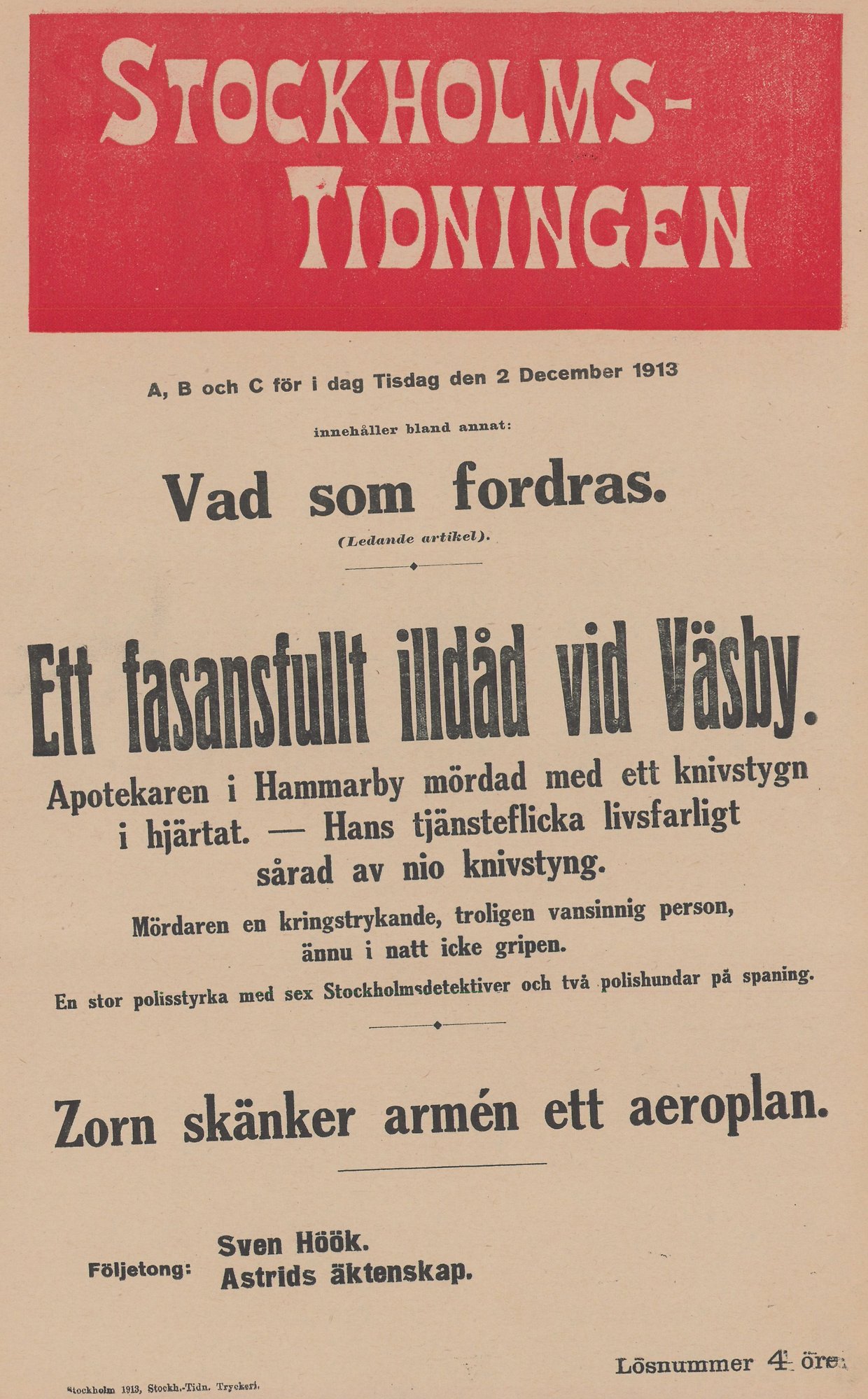 Löpsedel i vitt, rött och svart. Text: Ett fasansfullt illdåd i Väsby.