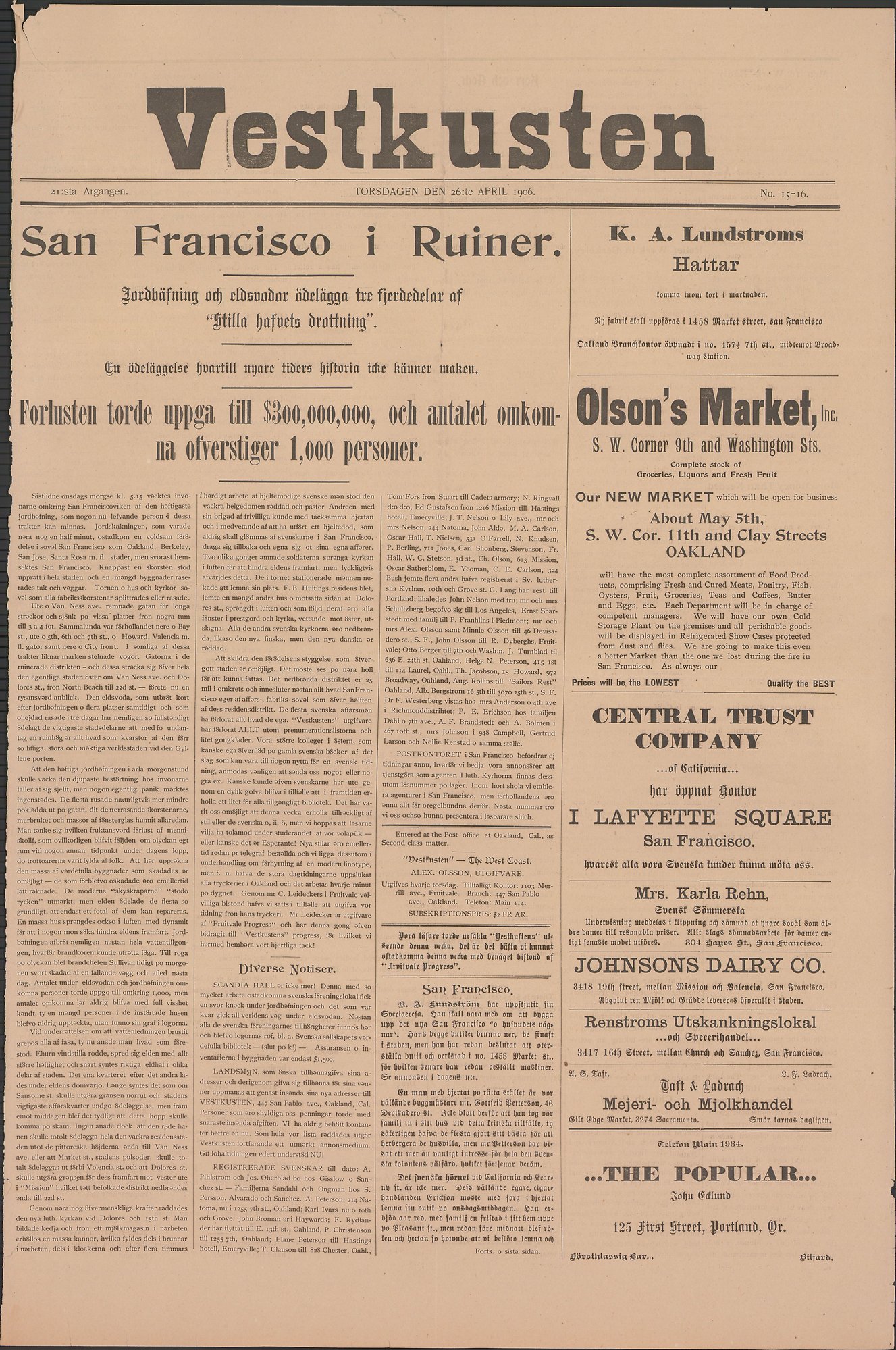 Framsidan till tidningen Vestkusten den 26 april 1906