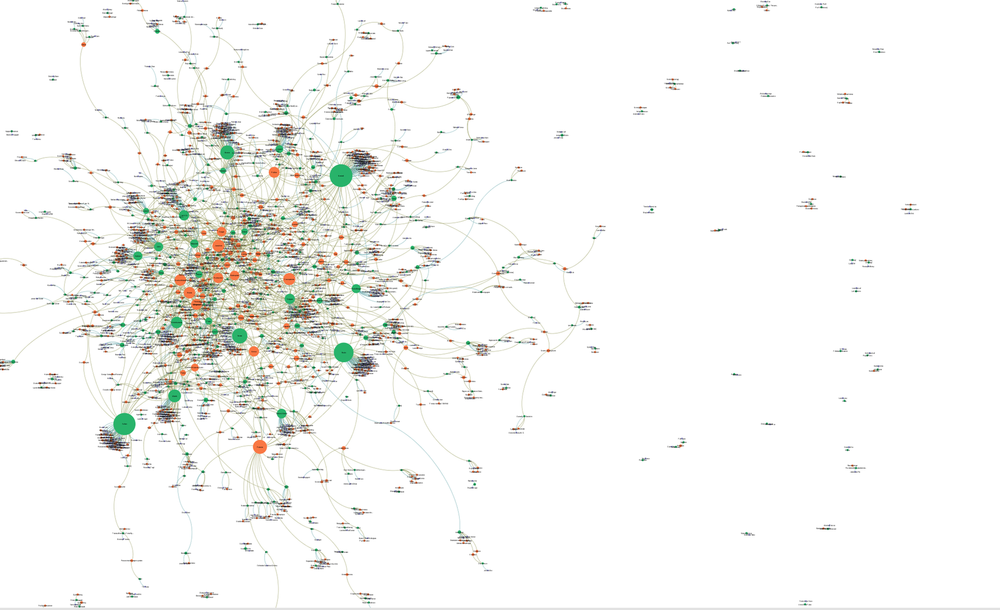 Bilden föreställer en visualisering i form av nätverksanalys utifrån metadata över förlag och ämne från biografier katalogiserade i Libris.