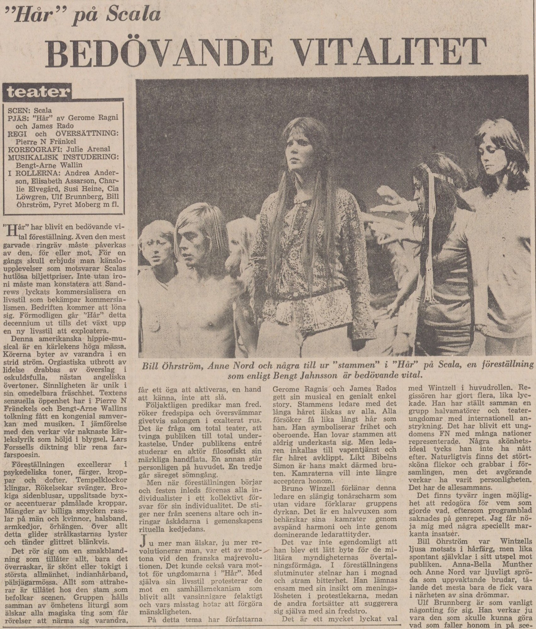 Gulnat tidningsklipp, bild av män och kvinnor på scen utstyrda i hippieklädsel. Text: "Hår" på Scala BEDÖVANDE VITALITET.