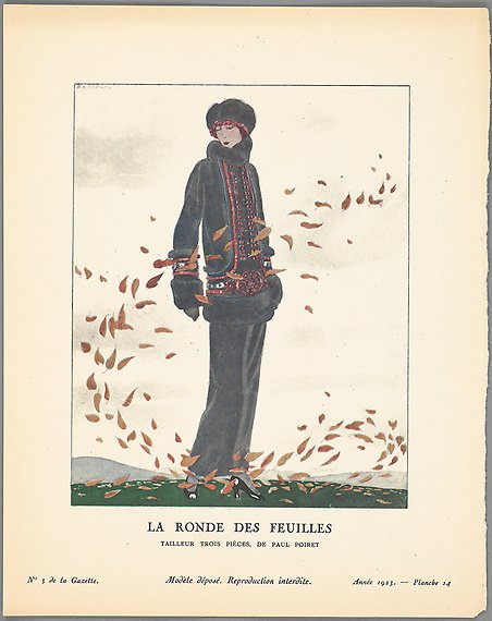 Teckning av kvinna bland höstlöv.
