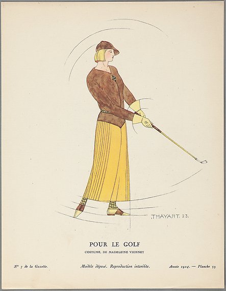 Teckning av kvinna som svingar en golfklubba. 