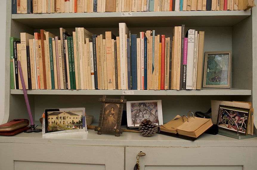En hyllplan i en bokhylla där det står en mängd tavlor och prydnader.