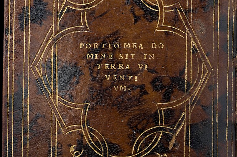Detalj av brunt bokband i skinn med förgylld dekor.