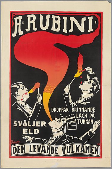 Affisch med illustration där tre män i kostymer sprutar och sväljer eld. 