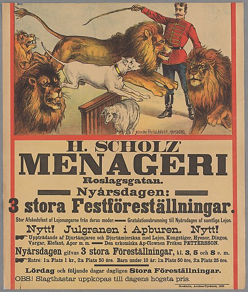 Illustration av man med piska riktat mot ett lejon och en hund som hoppar över ett hinder och ett lamm. De omges av tre lejon.