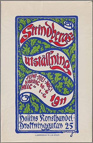 Konstnärligt illustrerade eklöv och en remsa med text som lyder: Strindbergs utställning.