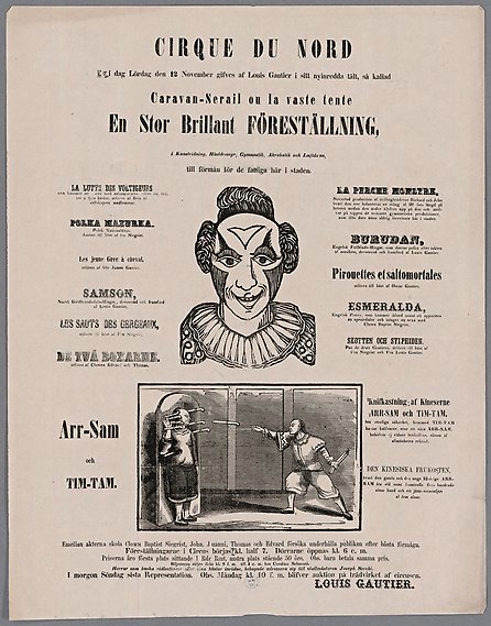 Affisch med illustration av ett clownansikte och en knivkastare som kastar knivar mot en annan person utan att träffa.