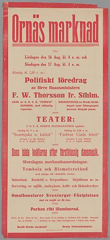 Gammal sliten affisch med text i rött. Rubriken lyder: Ornäs marknad.