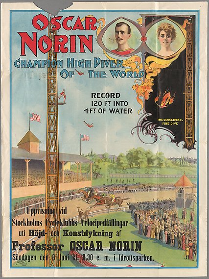 Affisch med illustration av kapplöpningsbana med hästar och publik. Längst upp syns två porträtt av en man och en kvinna.