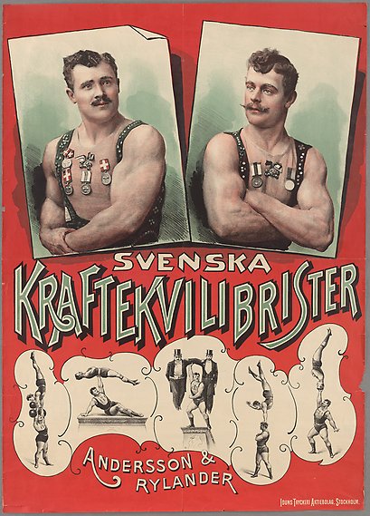 Affisch med illustration av två muskulösa män med bar överkropp och medaljer på bröstet. Nedan syns miniatyrbilder där de utför atletiska poser. 