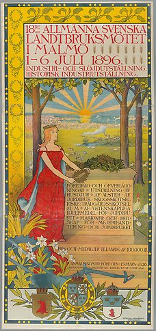 Illustrerad affisch av ett landskap och en kvinna som håller i en lövkrans.