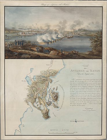En illustration av en strid mellan soldater på land och till sjöss samt en karta och en längre text som beskriver händelsen.