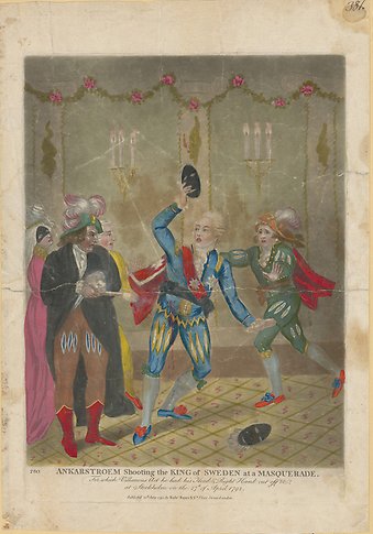Illustration av en mörkklädd man som skjuter mot den finklädda kungen som faller i armarna på en framskyndande page.