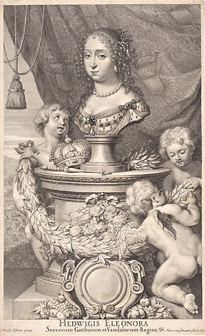 Illustration av en byst som föreställer Hedvig Eleonora omgärdad av regalier och knubbiga små änglar.