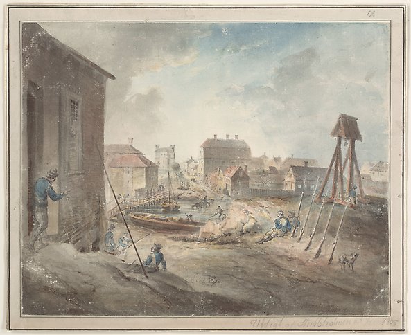 Målning över ett kuperat område med en klockstapel. I förgrunden syns flera soldater och deras vapen och i bakgrunden folk och båtar.