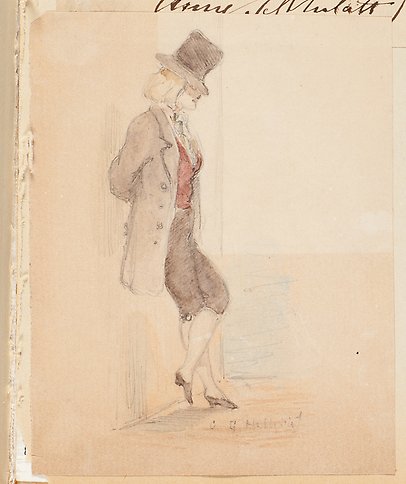 Illustration av en person med halvlångt ljust hår som stårlutad mot en vägg iförd hög hatt, rock och knälånga byxor.