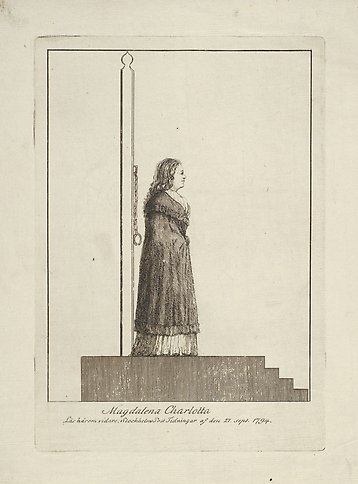 Illustration av en kvinna som står på ett podium med en hög påle i väntan på att bli fastkedjad.