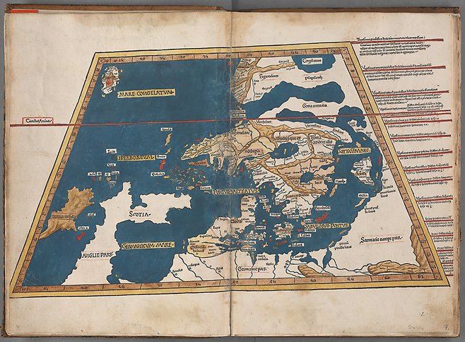 Färglagt träsnitt föreställande Skandinavien med Nordsjön i en intensiv blå färg.