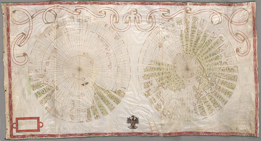 Handritad världskarta på ojämnt pergament med jorden avbildad som två stora cirklar indelade i rutnät.