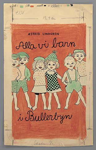 Teckning föreställande sex barn ritade på en brun bakgrund under titeln "Alla vi barn i Bullerbyn"