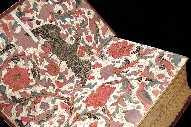 Insidan av äldre bokpärm prydd med färgstarkt mönster av fåglar och blommor.