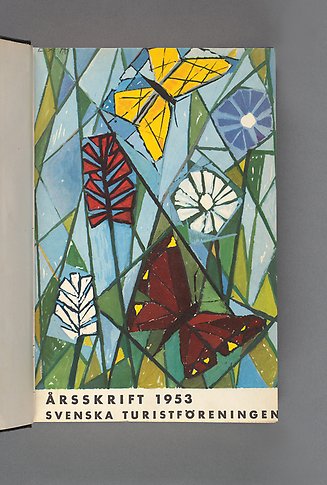 Kubistisk illustration av blommor och fjärilar.