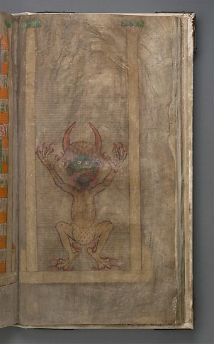 En sida ur en bok med ett porträtt av djävulen som tar upp halva sidan.