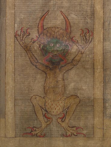 En bild på djävulen med utsträckt tunga och händerna upp i luften. 