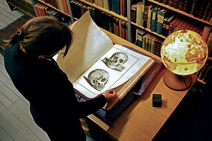 Färgfoto snett uppifrån av person med brunt hår som bläddrar i äldre bok där svartvita teckningar av människokranium syns. Boken ligger på kuddar på bord med äldre jordglob.