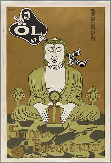 Illustrerad affisch med texten: &quot;Öl. Stockholm. Stora bryggeriet&quot;. En man sitter i skräddarställning med en ölsejdel framför sig.