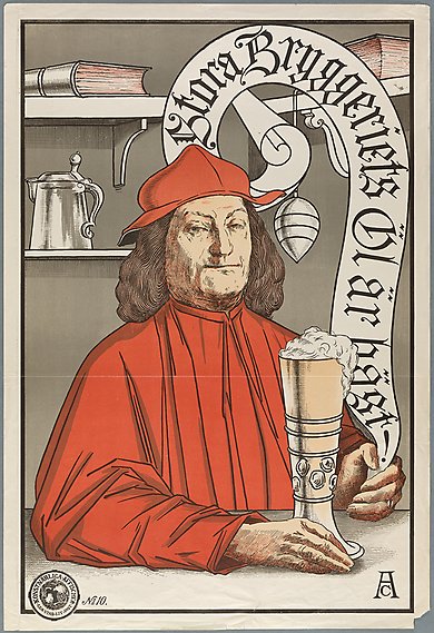 Illustrerad affisch med texten: &quot;Stora bryggeriets öl är bäst&quot;. En rödklädd man sitter med en skummande öl framför sig.