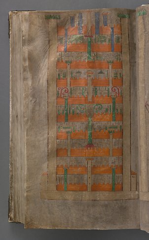 A book page with a painted city with walls in orange and green.,