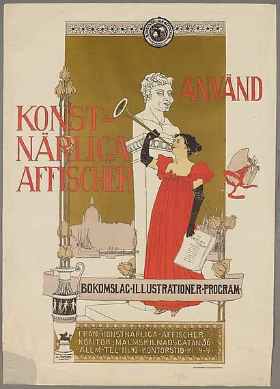 Illustrerad affisch med texten: &quot;Använd konstnärliga affischer&quot;. En festklädd kvinna blåser i en trumpet.