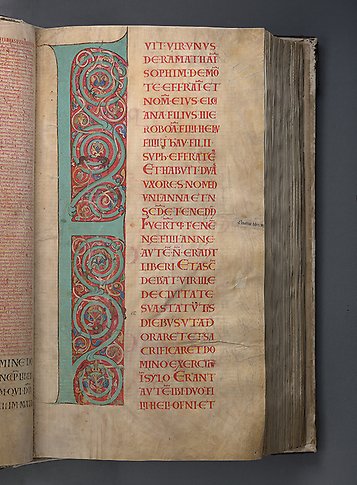 A book page with the letter F with ornamentation in blue and red.