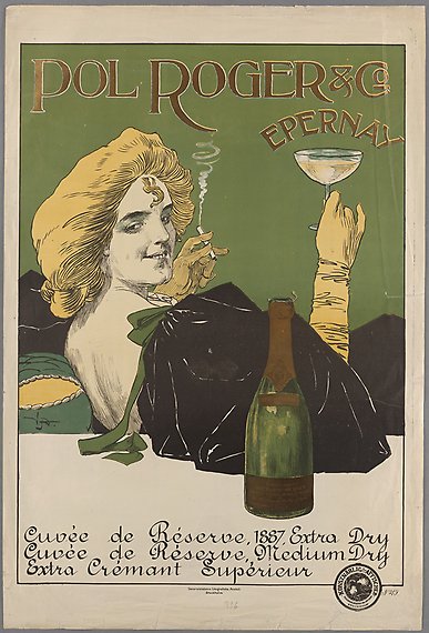 Illustrerad affisch med texten: &quot;Pol Roger &amp; Co. Epernay.&quot; En finklädd kvinna håller i ett glas champagne.