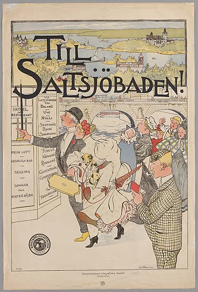 Illustrerad affisch med texten: &quot;Till Saltsjöbaden!&quot;. En grupp människor står i kö för att köpa ångbåtsbiljett.