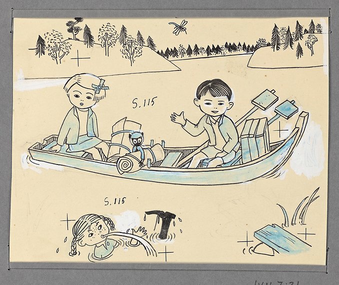 Två barn i en roddbåt och en flicka bredvid båten som badar.