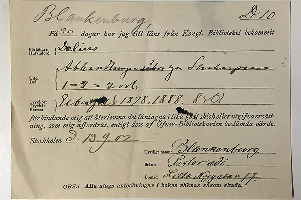 Lånebeställning från 1902. Foto: KB