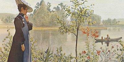 Painting of a woman standing in front of a lake in summer.