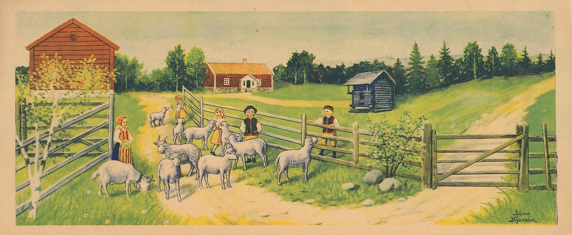 Några barn vallar får i ett sommarlandskap.