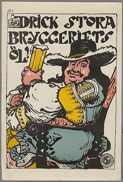 Illustrerad affisch med texten: "Drick stora bryggeriets öl." En man klädd som en knekt håller i ett glas med öl.