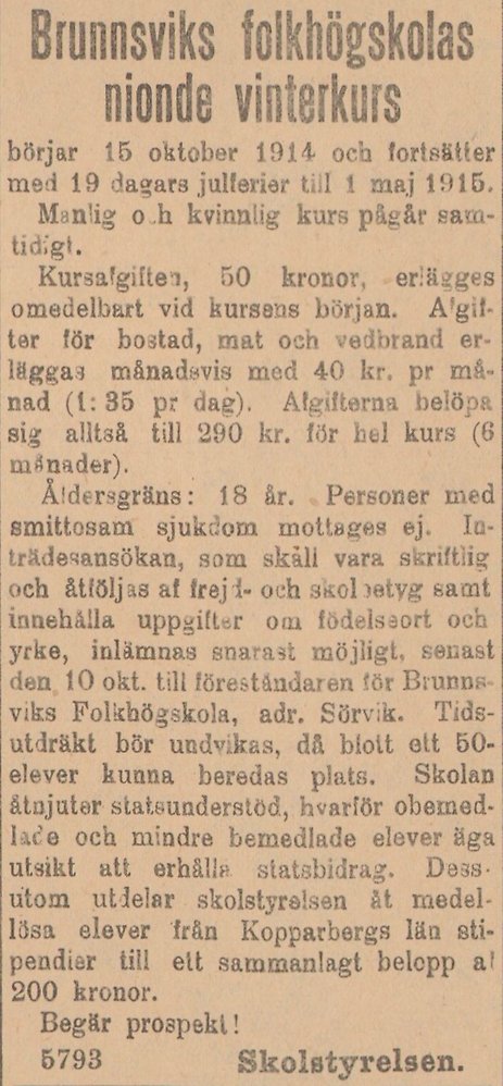 Gulnat tidningsklipp Text: Brunnsviks folkhögskolas nionde vinterkurs.