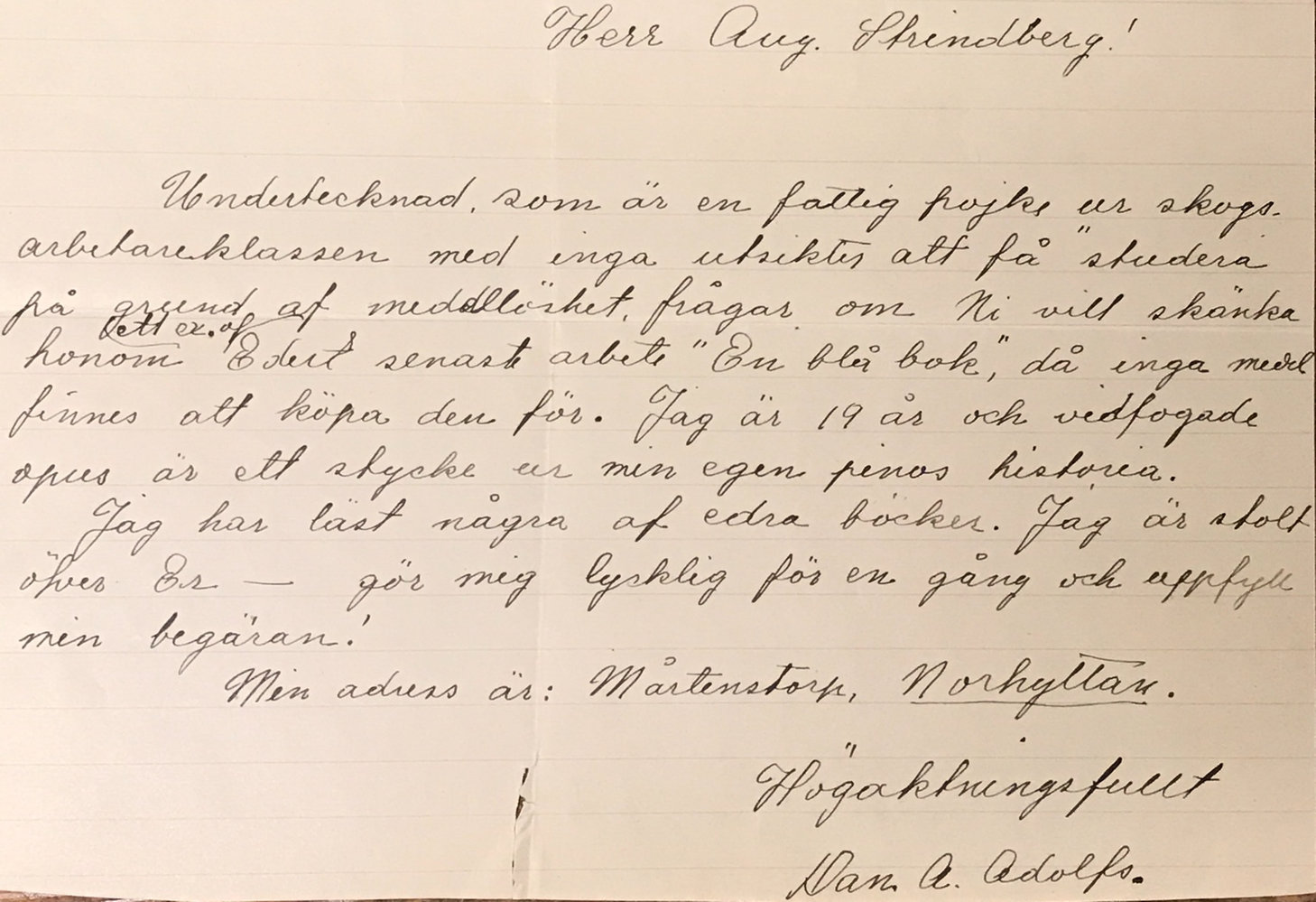 Handskrivet brev. Text: Herr Aug. Strindberg!
