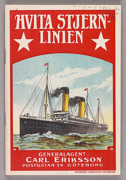 Reklamblad för 'Hvita Srjernlinien'. Ett ångfartyg av sekelskiftesmodell far fram över havet. 