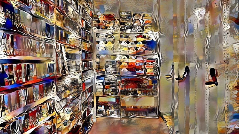 Foto av hyllor i ett magasin som blivit suddiga som en oljemålning med hjälp av datoreffekt.