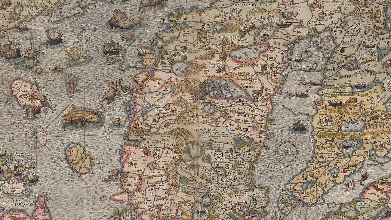Medieval map with imaginative creatures.